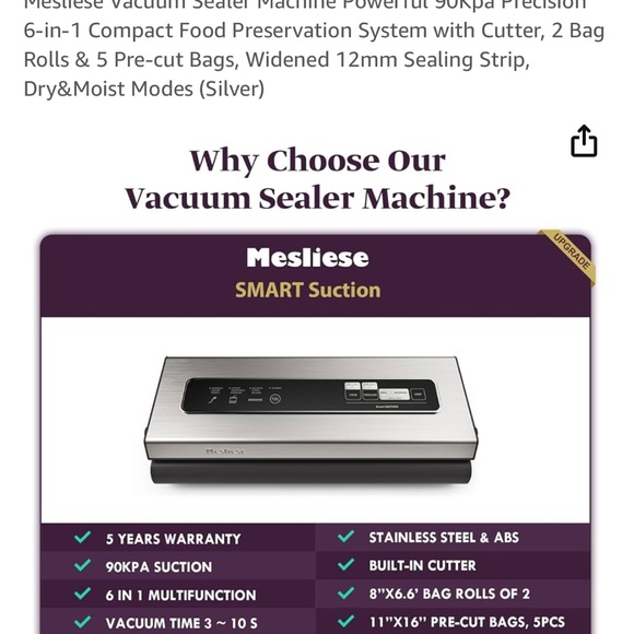 Mesliese Vacuum Sealer Machine Powerful 90Kpa Precision 6-in-1 - Picture 3 of 6